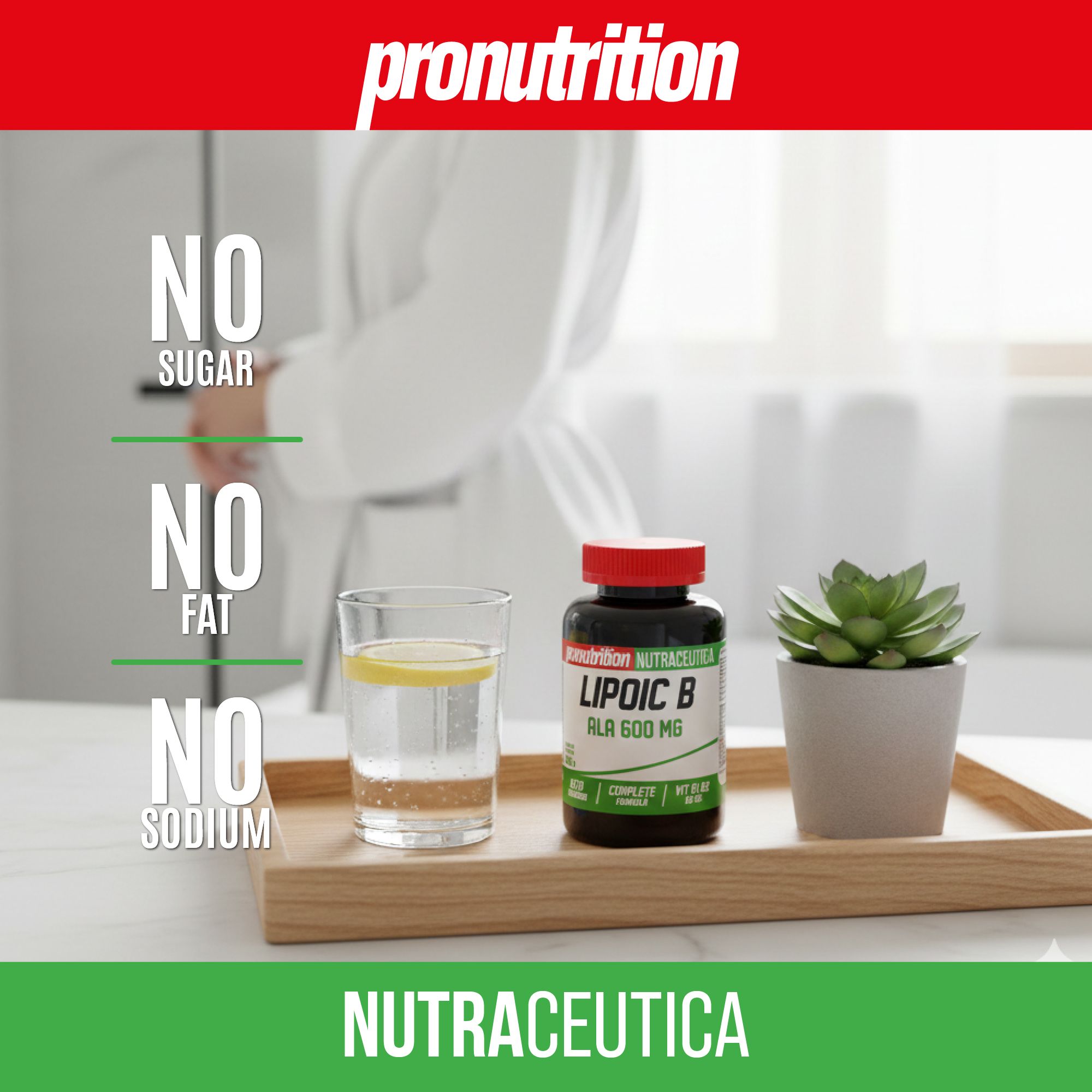Flacone marrone con tappo rosso. Scritta: LIPOIC B ALA 600 MG. Testo: No zucchero, grassi, sodio. Su un vassoio.