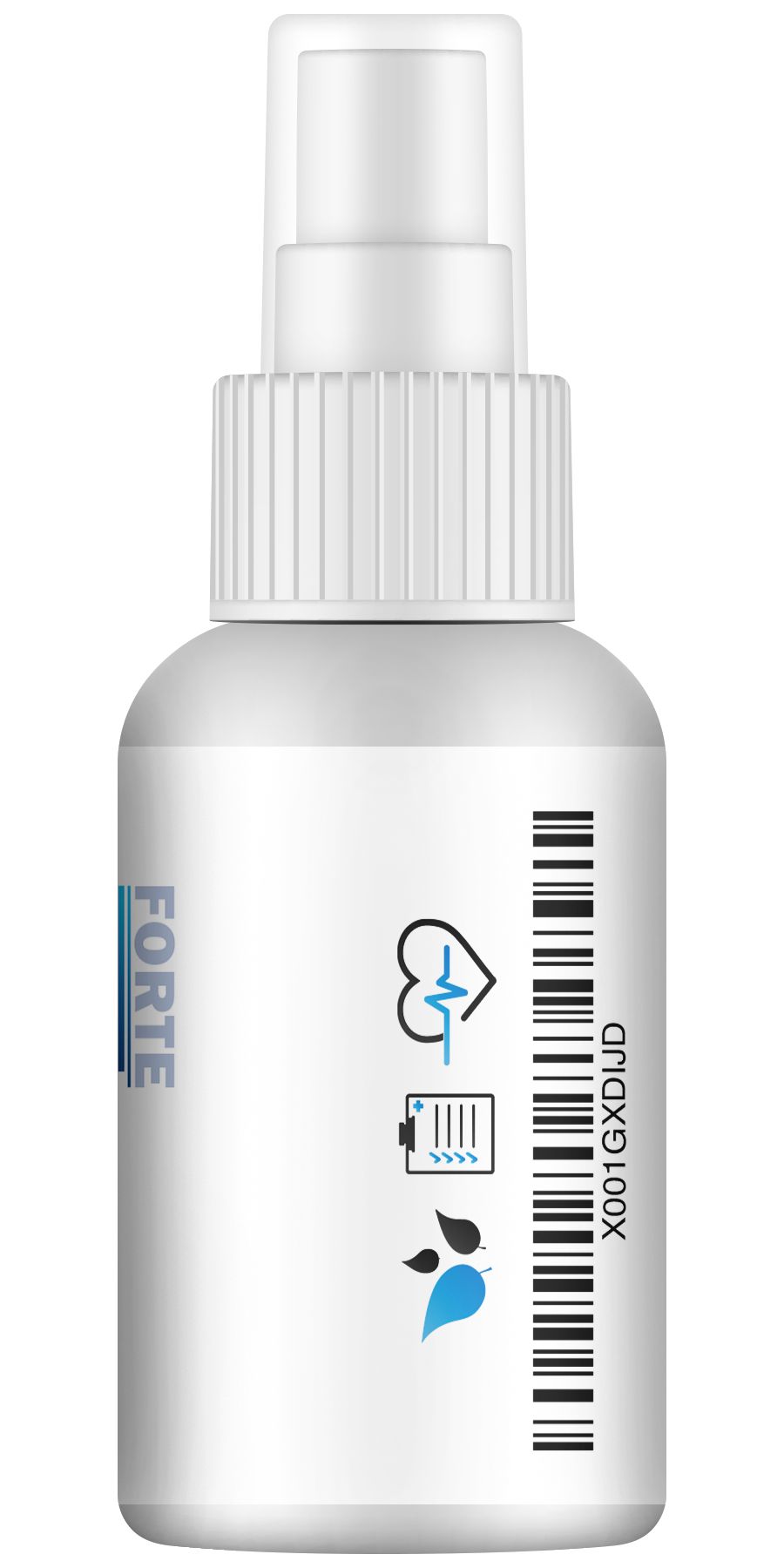 Flacone spray bianco con codice a barre e simboli. Scritta: FORTE. Simboli: battito cardiaco, batteria, foglie.