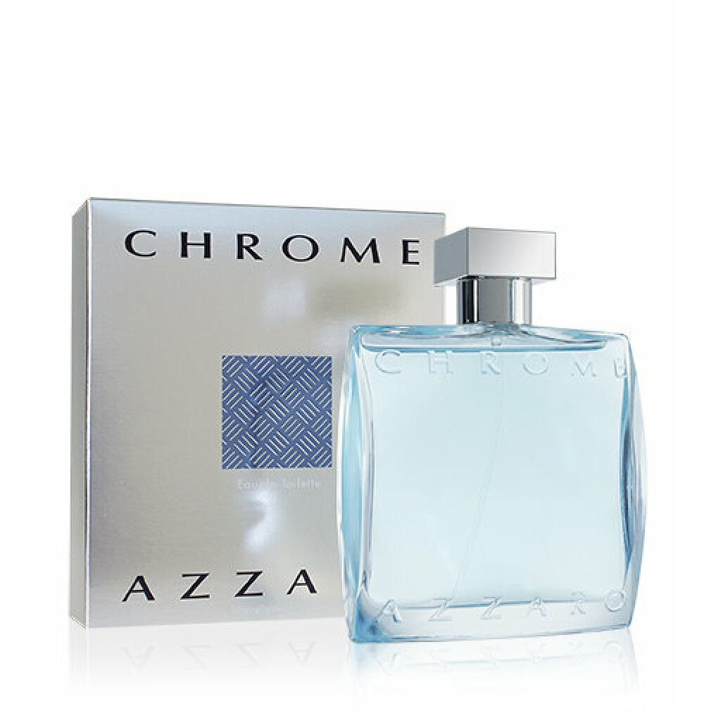 Flacone e confezione. Flacone con liquido azzurro, tappo argentato. Confezione con "CHROME" e "AZZARO".