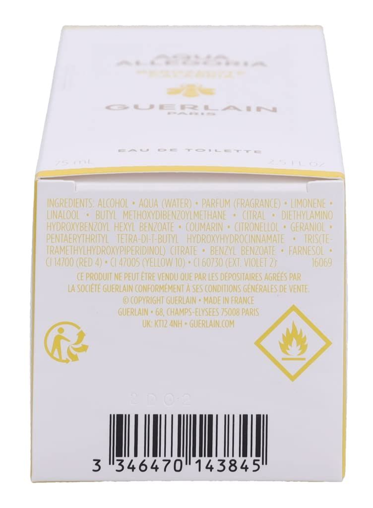 Confezione con ingredienti e avvertenze. Scritta: Aqua Allegoria Eau de Toilette. Marchio: Guerlain.