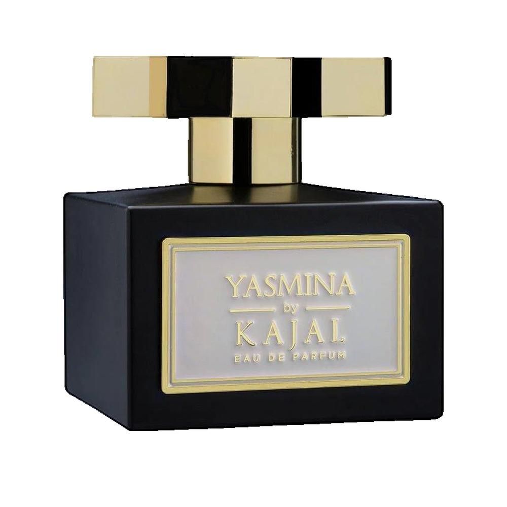 Flacone nero con tappo dorato. Scritta: Yasmina by Kajal Eau de Parfum.