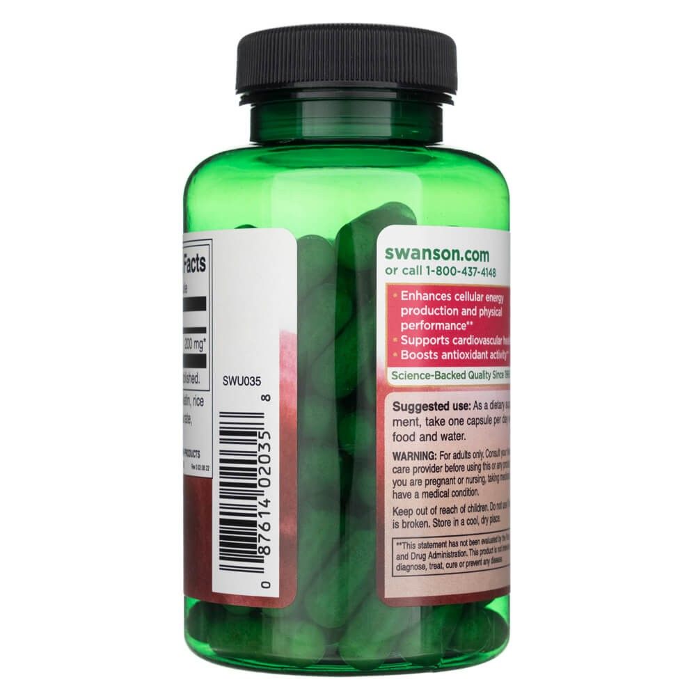 Flacone verde con etichetta che elenca CoQ10, Swanson.com e benefici come energia e salute cardiovascolare.