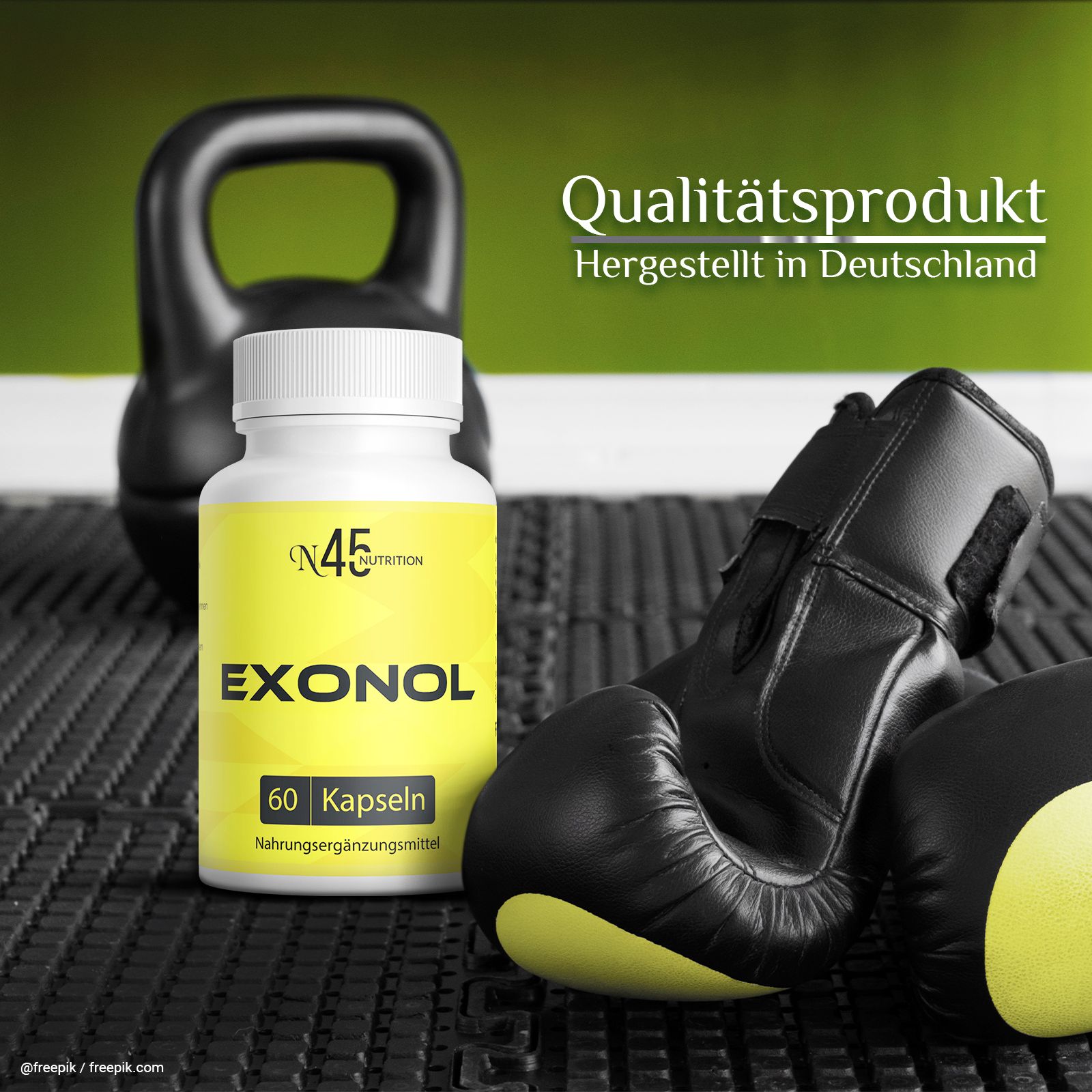 Exonol N45 Nutrition con kettlebell e guantoni da boxe. Prodotto in Germania.