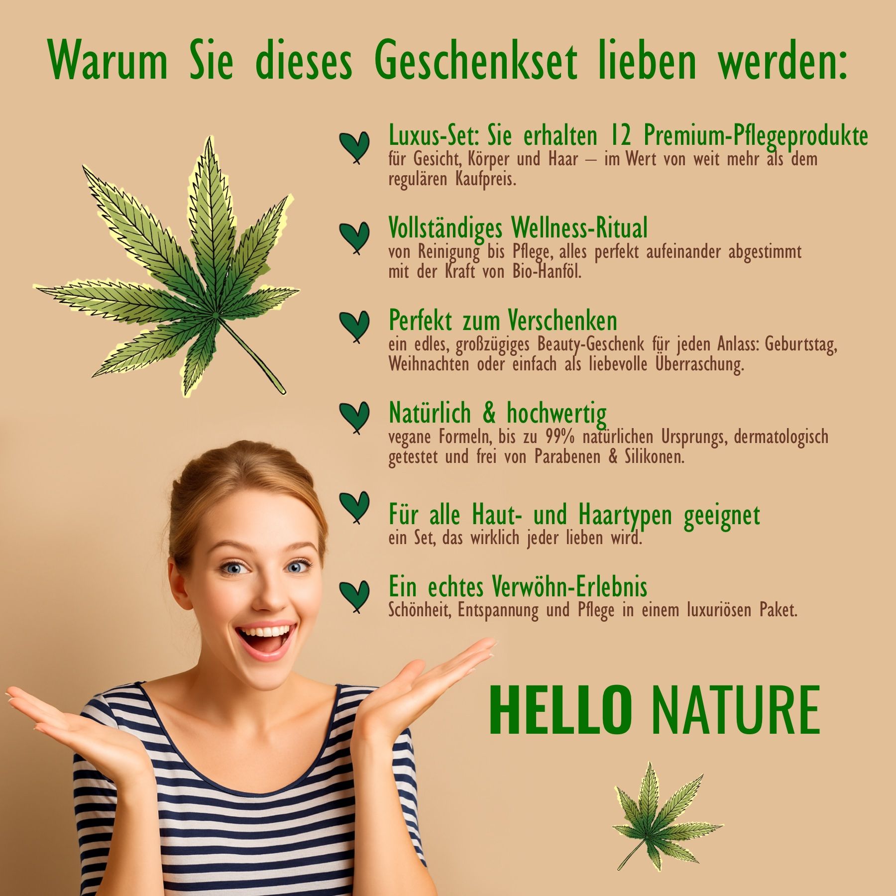 Donna sorridente con mani alzate. Testo: Hello Nature. Foglia di cannabis. Testo sui vantaggi del set regalo.