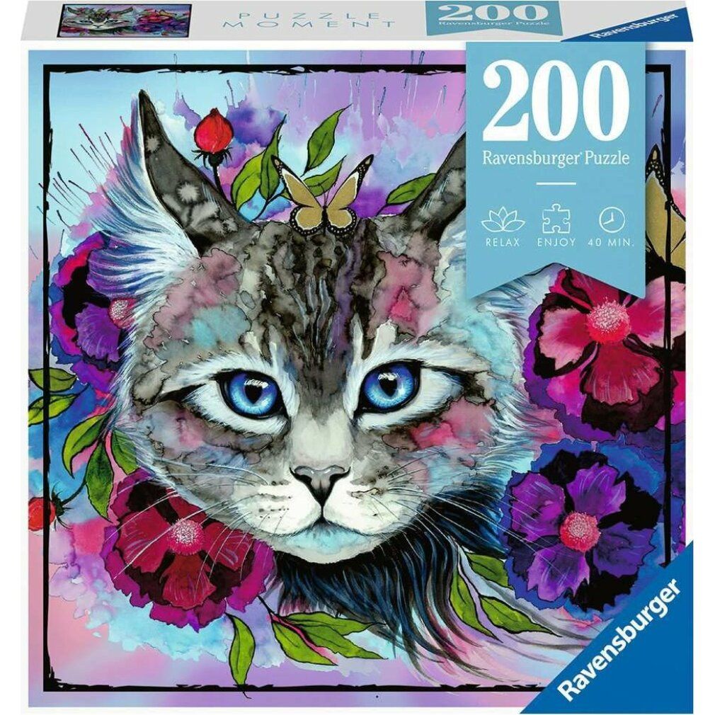 Puzzle Moment Katze 200 pezzi. Confezione con gatto, fiori e farfalla. Marchio Ravensburger.