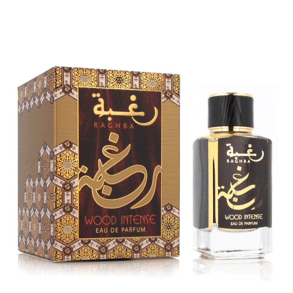 Flacone di profumo e confezione. Scritta: Raghba Wood Intense Eau de Parfum. Tonalità oro e marrone.