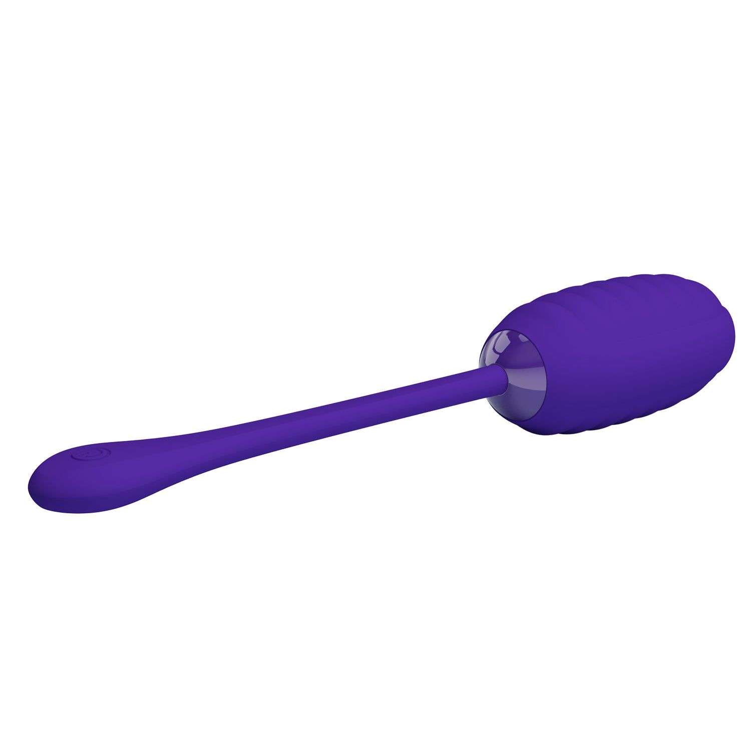 Vibratore viola con superficie scanalata e stelo. Il vibratore è sdraiato su un lato.