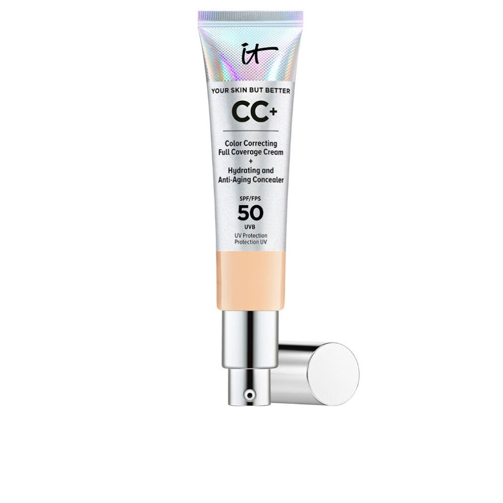Tubo IT Cosmetics CC+ Foundation. Tappo argento. Testo: CC+, SPF 50. Tonalità crema. Sfondo bianco.