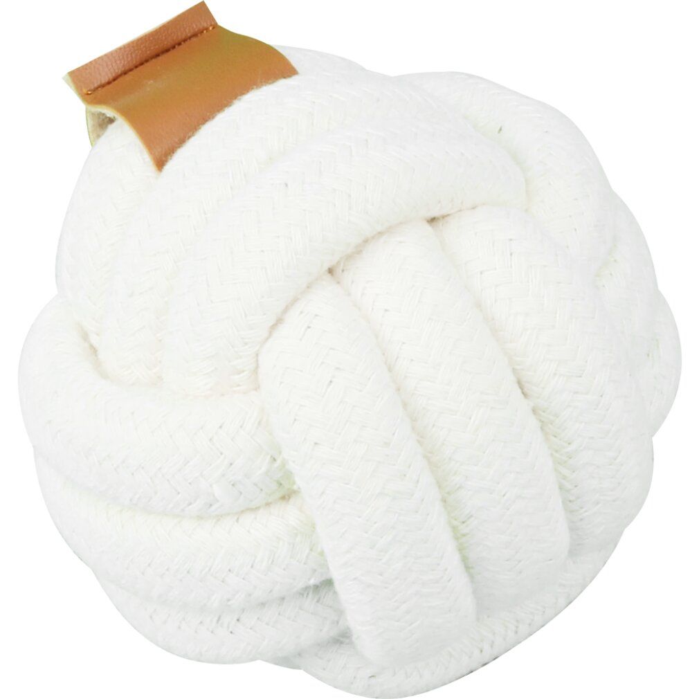 Palla annodata in cotone bianco, etichetta in pelle marrone. Forma annodata, realizzata con corda spessa.
