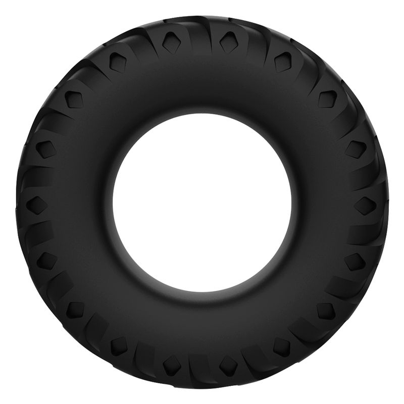 Un anello per pene rotondo nero in silicone con una texture ondulata, isolato.