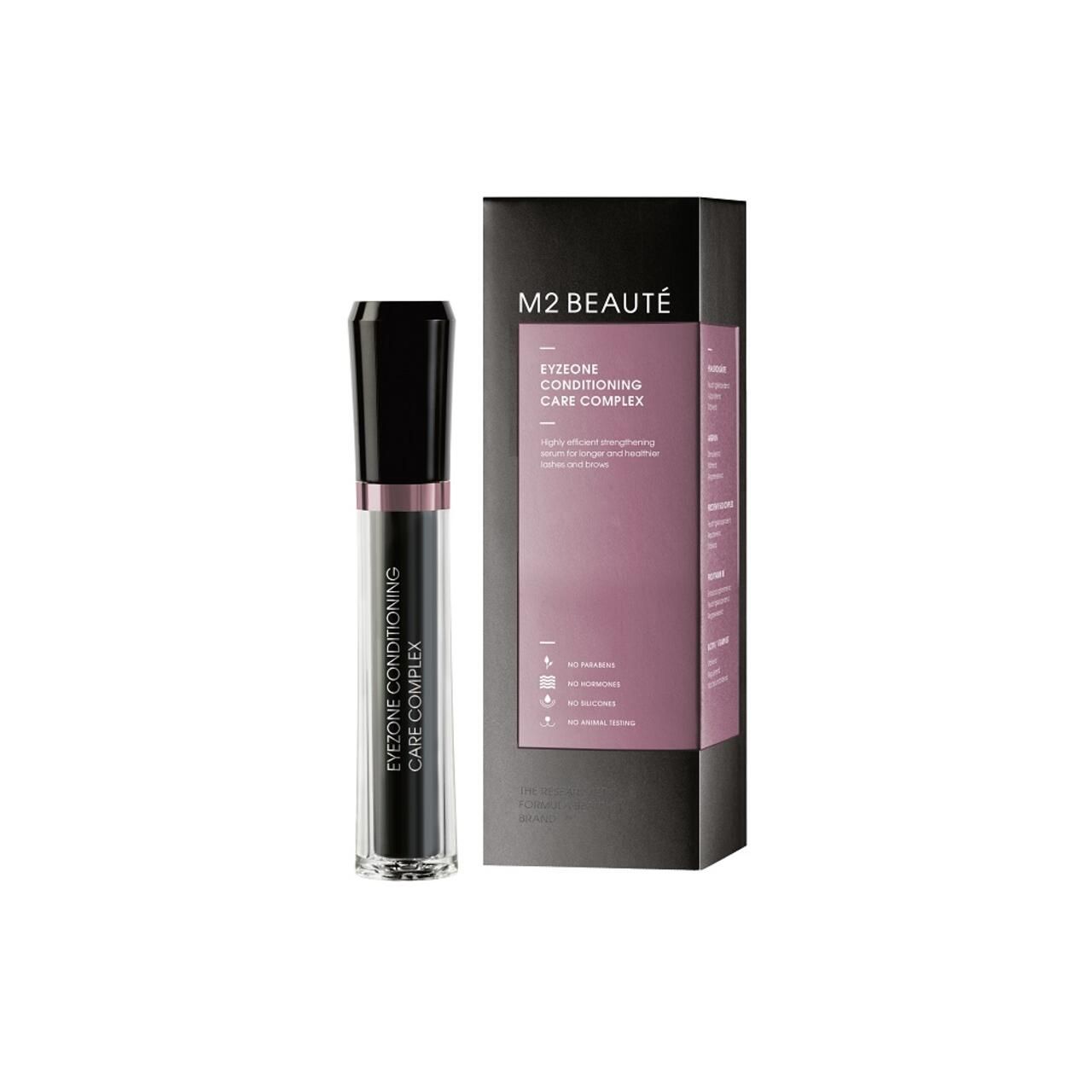 Confezione e flacone neri. Scritta: M2 BEAUTÉ, Eyezone Conditioning Care Complex. Flacone con tappo nero e anello rosa.