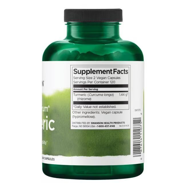 Retro di un flacone verde. Scritta: Supplement Facts. 2 capsule vegane. 120 porzioni. Turmeric (Curcuma longa).