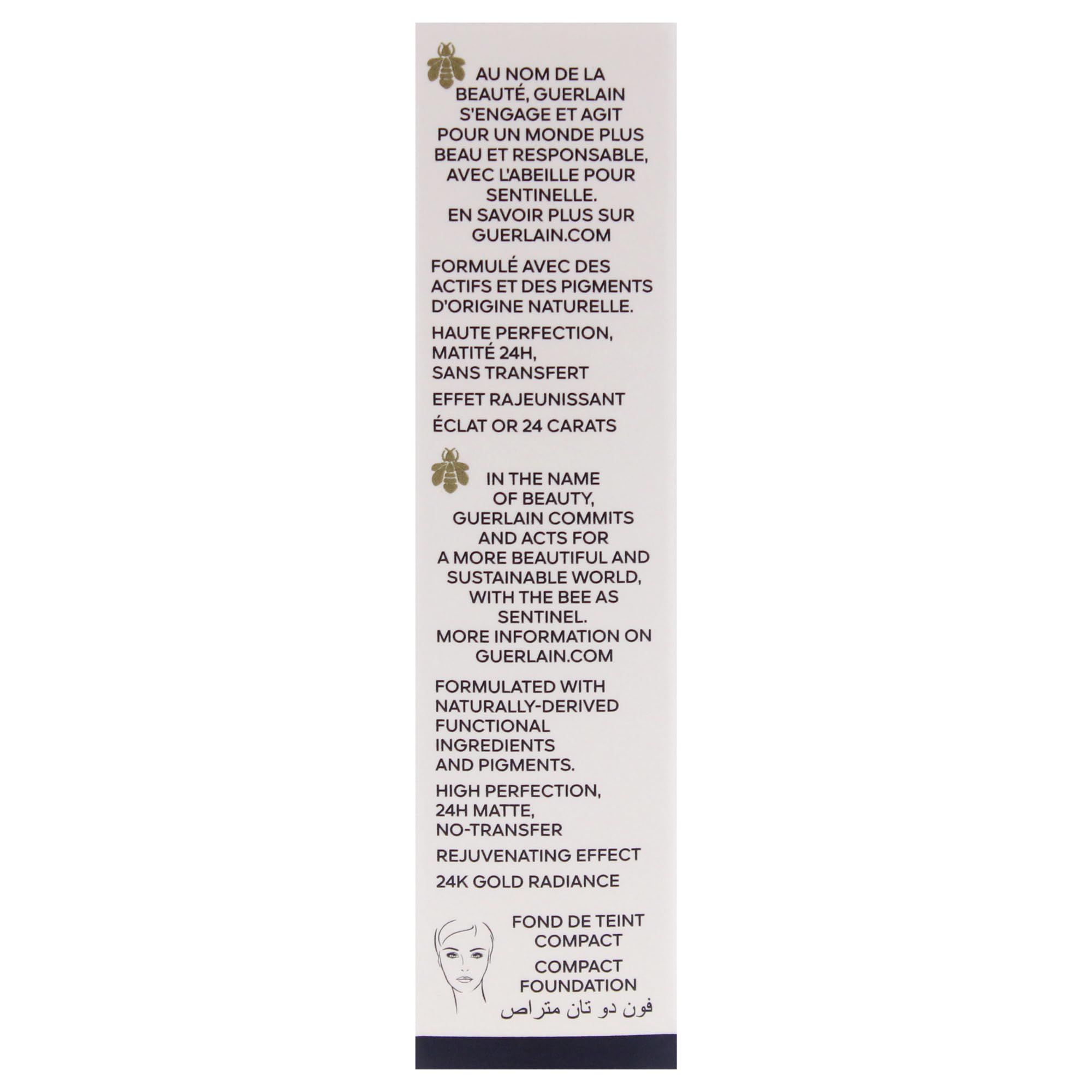 Descrizione del prodotto su sfondo bianco. Testo in francese e inglese. Marchio Guerlain. Informazioni sulla sostenibilità.