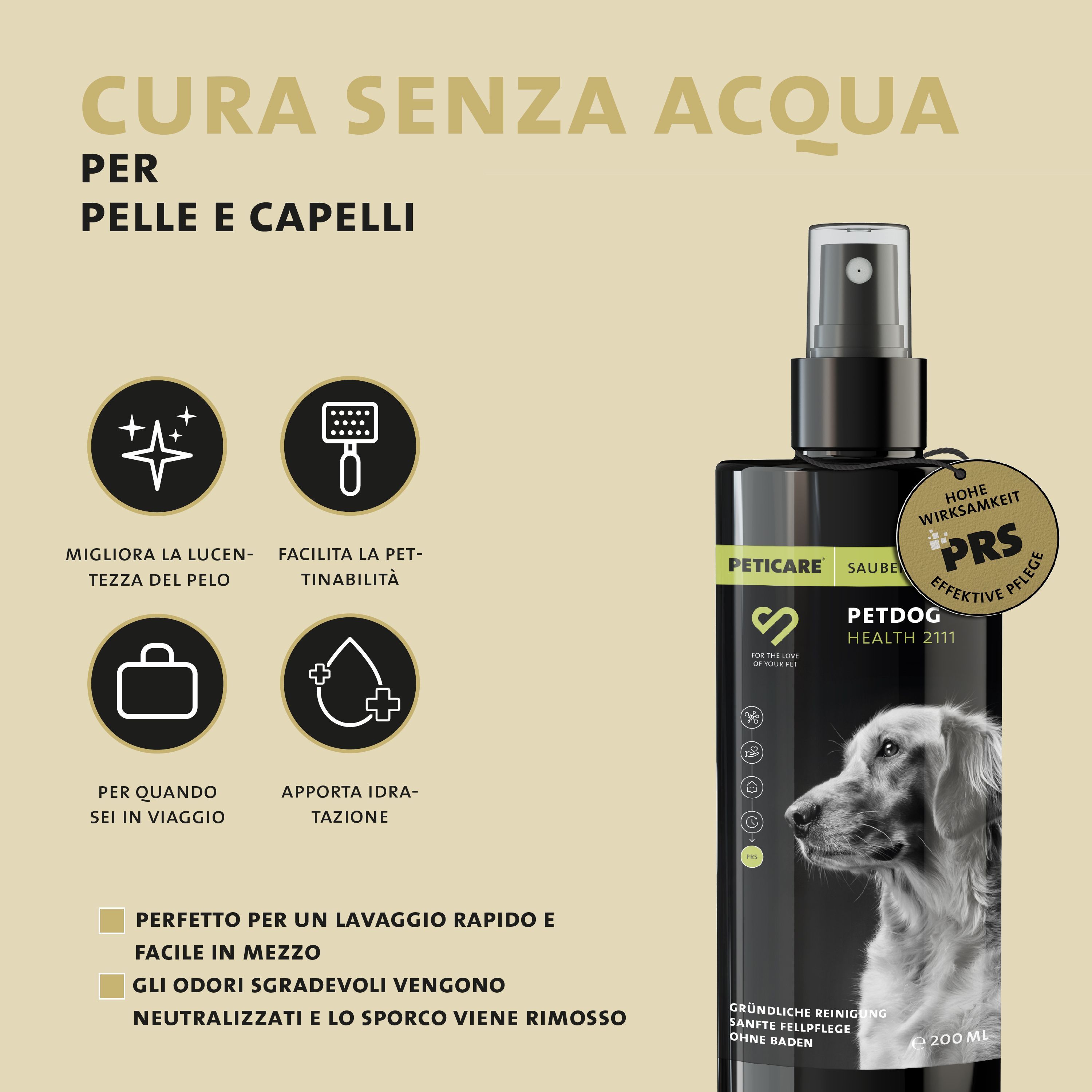 Flacone spray con testo: PETDOG HEALTH 2111. Testo: Cura senza acqua per pelle e capelli. Testo: Dona lucentezza.
