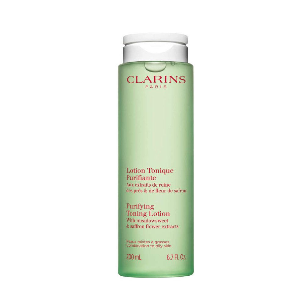Flacone verde con tappo bianco. Testo: Clarins, Lotion Tonique Purifiante, Purifying Toning Lotion. Per pelli miste e grasse.