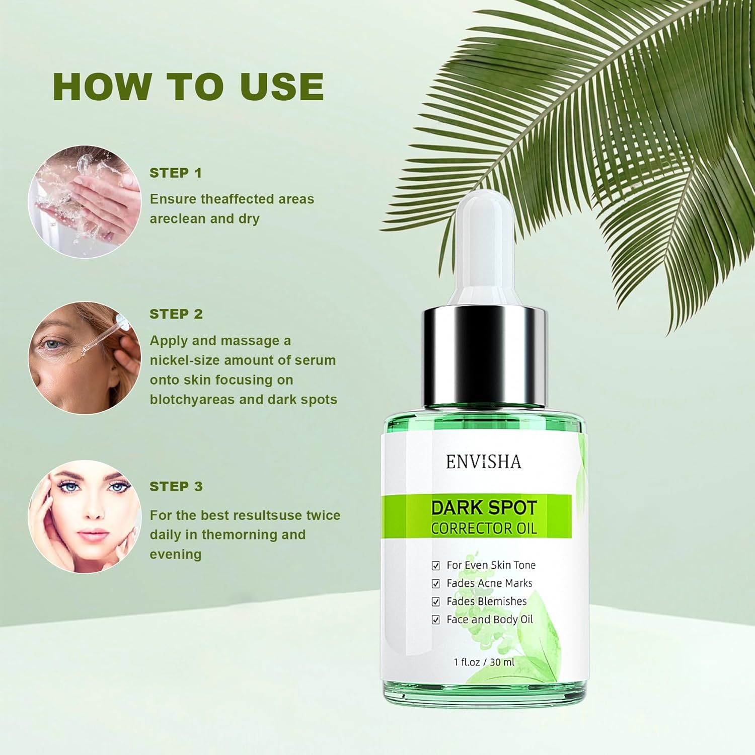 Flacone di vetro verde con contagocce. ENVISHA Dark Spot Corrector Oil. Uso: applicare su pelle pulita, massaggiare, mattina e sera.