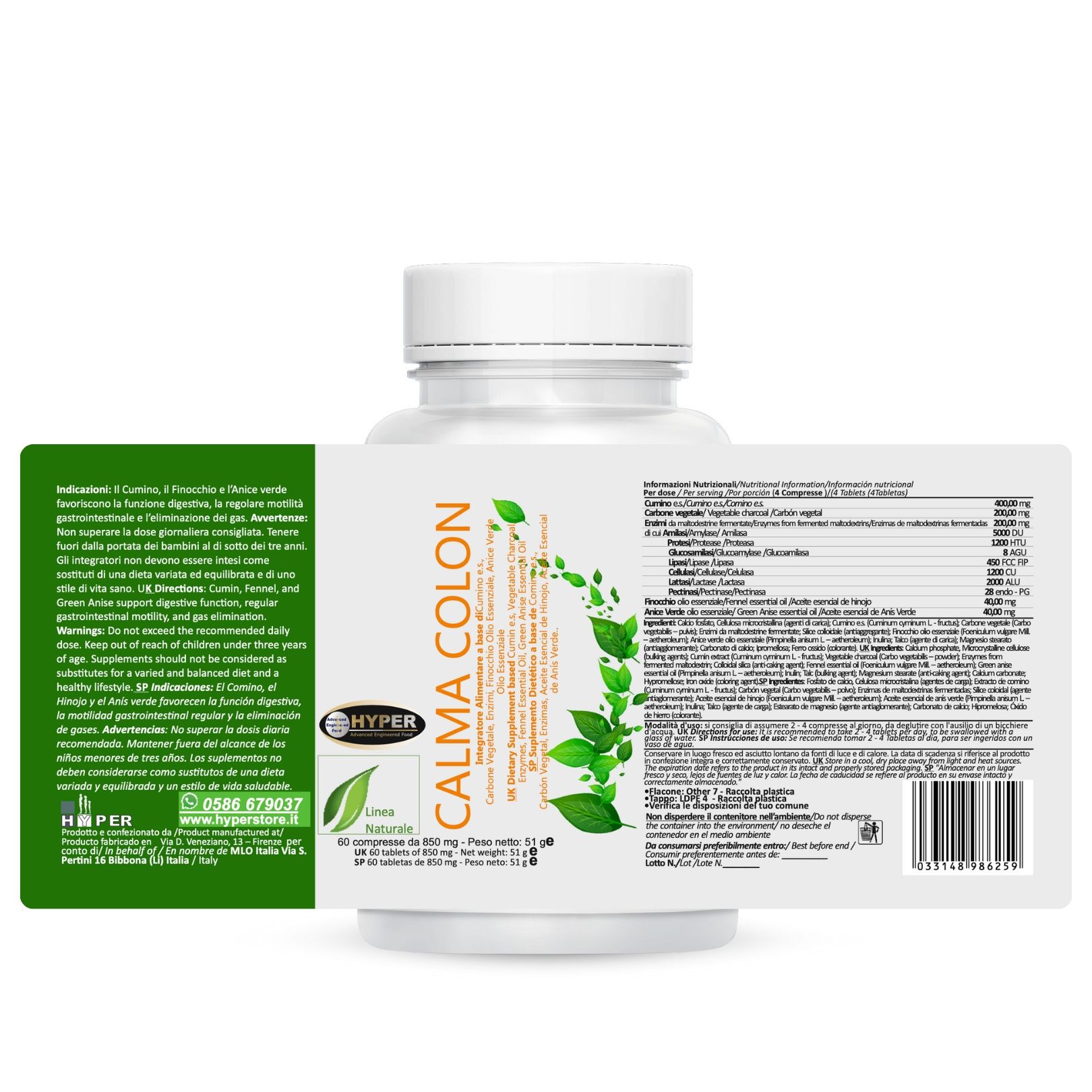 HYPER Calma Colon integratore colon irritabile con Cumino Carbone Finocchio Anice  Probiotici