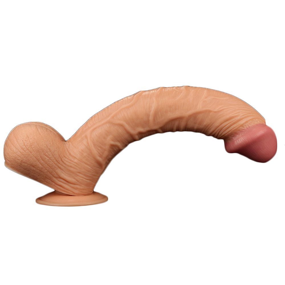 Dildo curvo beige con punta rosa. Con ventosa. Forma realistica.