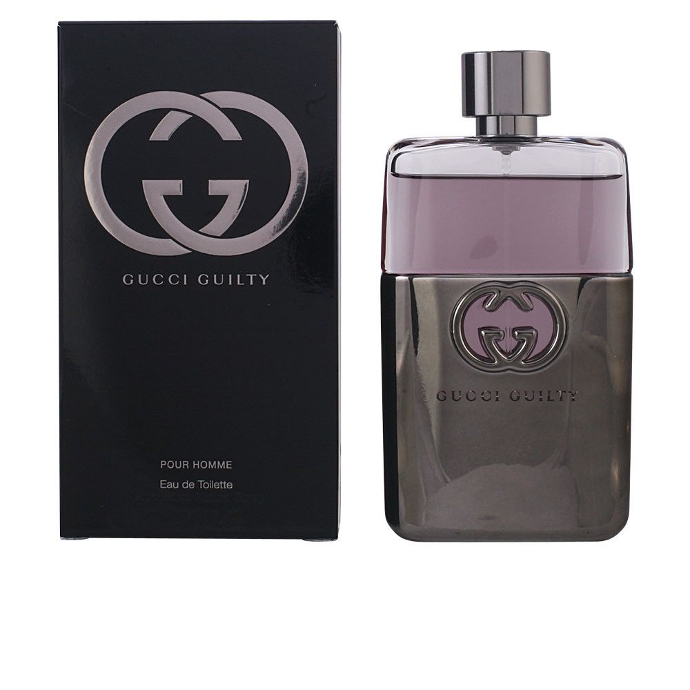 Flacone di Gucci Guilty Pour Homme Eau de Toilette Spray e confezione. Confezione nera con logo. Flacone argento con logo.