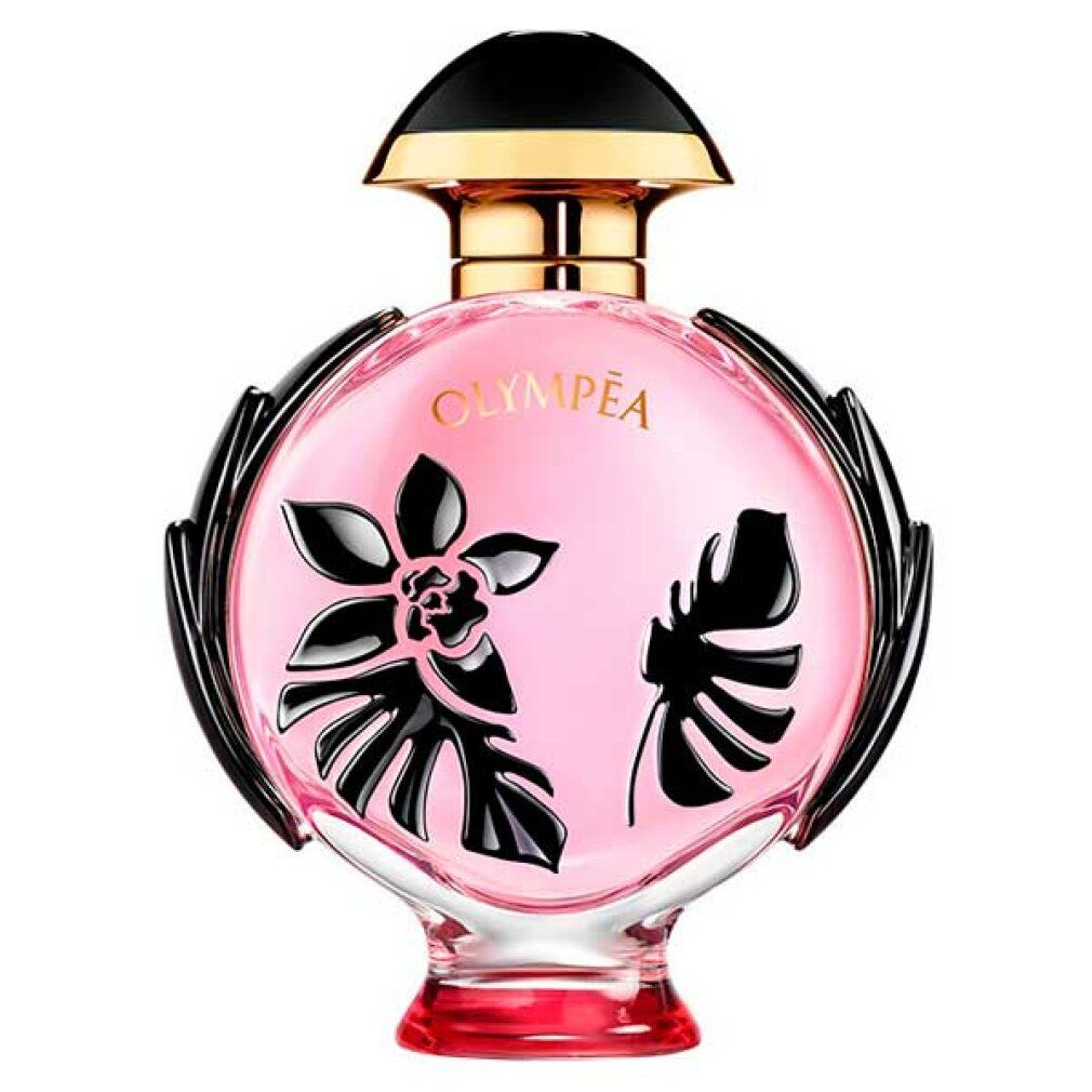 Flacone rotondo rosa con motivi floreali neri. Tappo nero. Collo dorato. Base rossa.