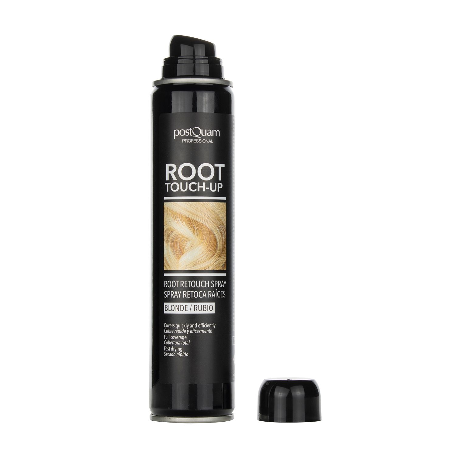 Bomboletta spray nera con scritta "PostQuam" e "ROOT TOUCH-UP". Esempio di capelli biondi. Testo "BLONDE/RUBIO". Tappo nero accanto.