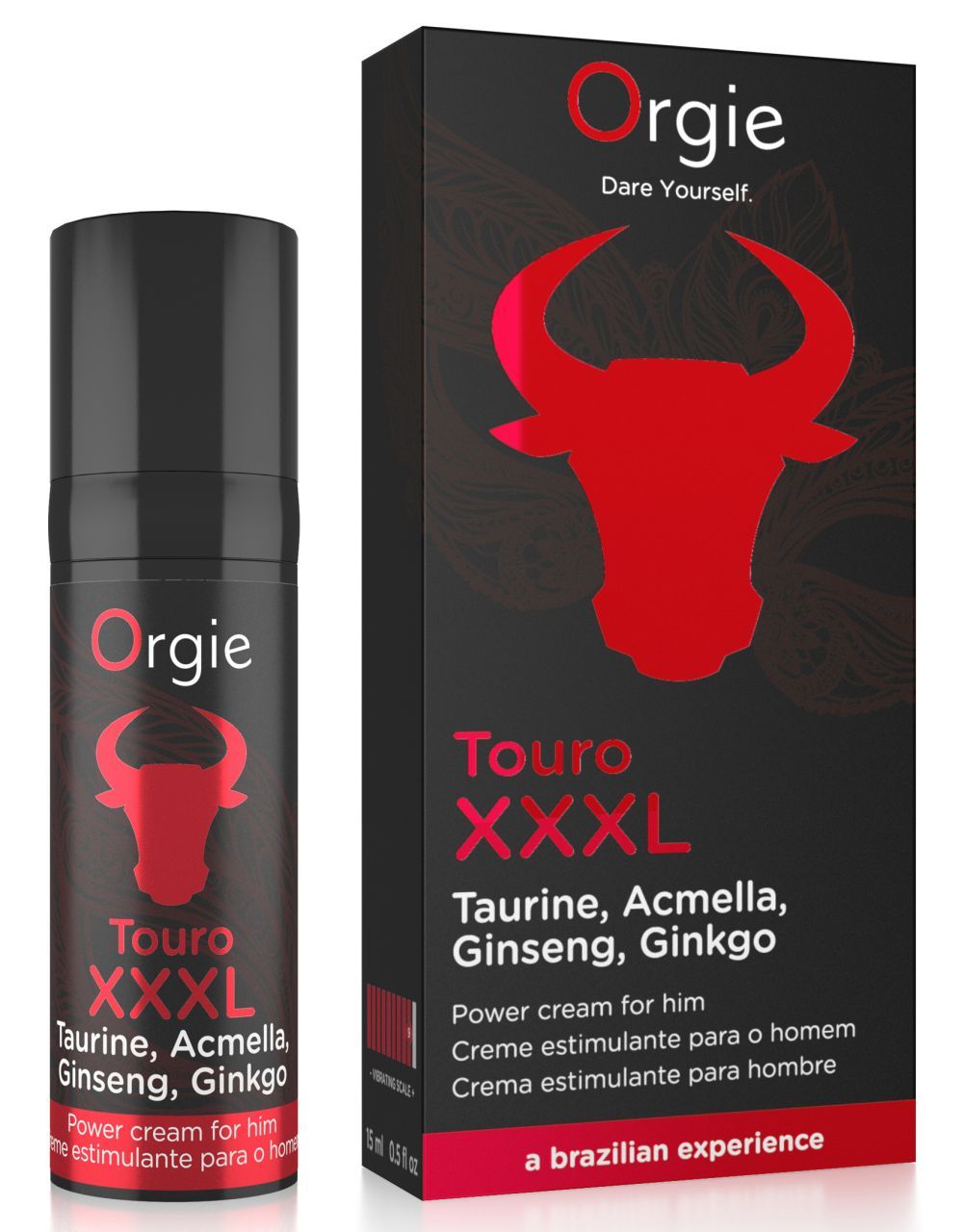 Orgie Touro XXXL Power Cream: flacone accanto alla confezione, entrambi con logo testa di toro rossa.
