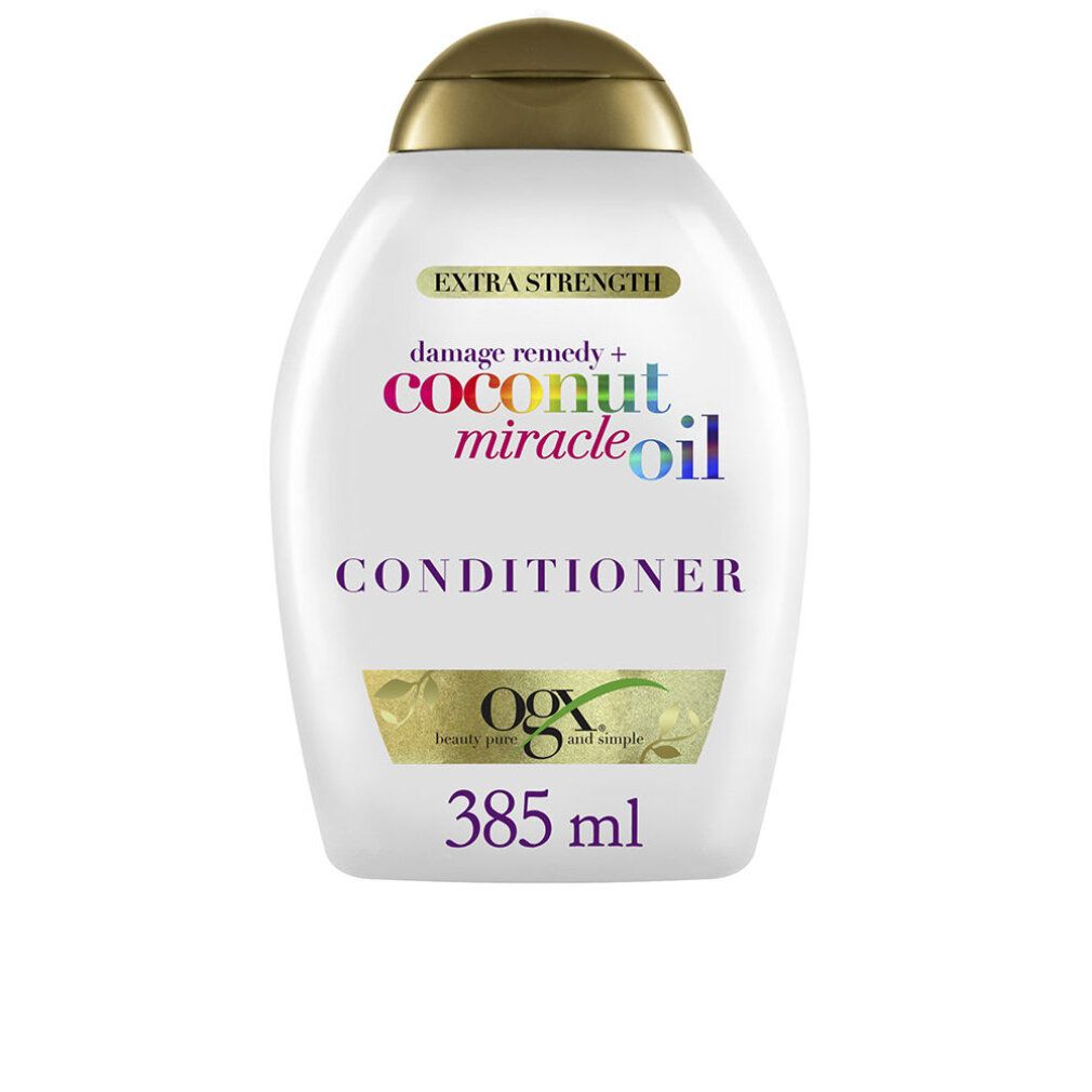 Flacone bianco con tappo dorato. Scritta: Coconut Miracle Oil Conditioner. Volume: 385 ml. Contiene olio di cocco.