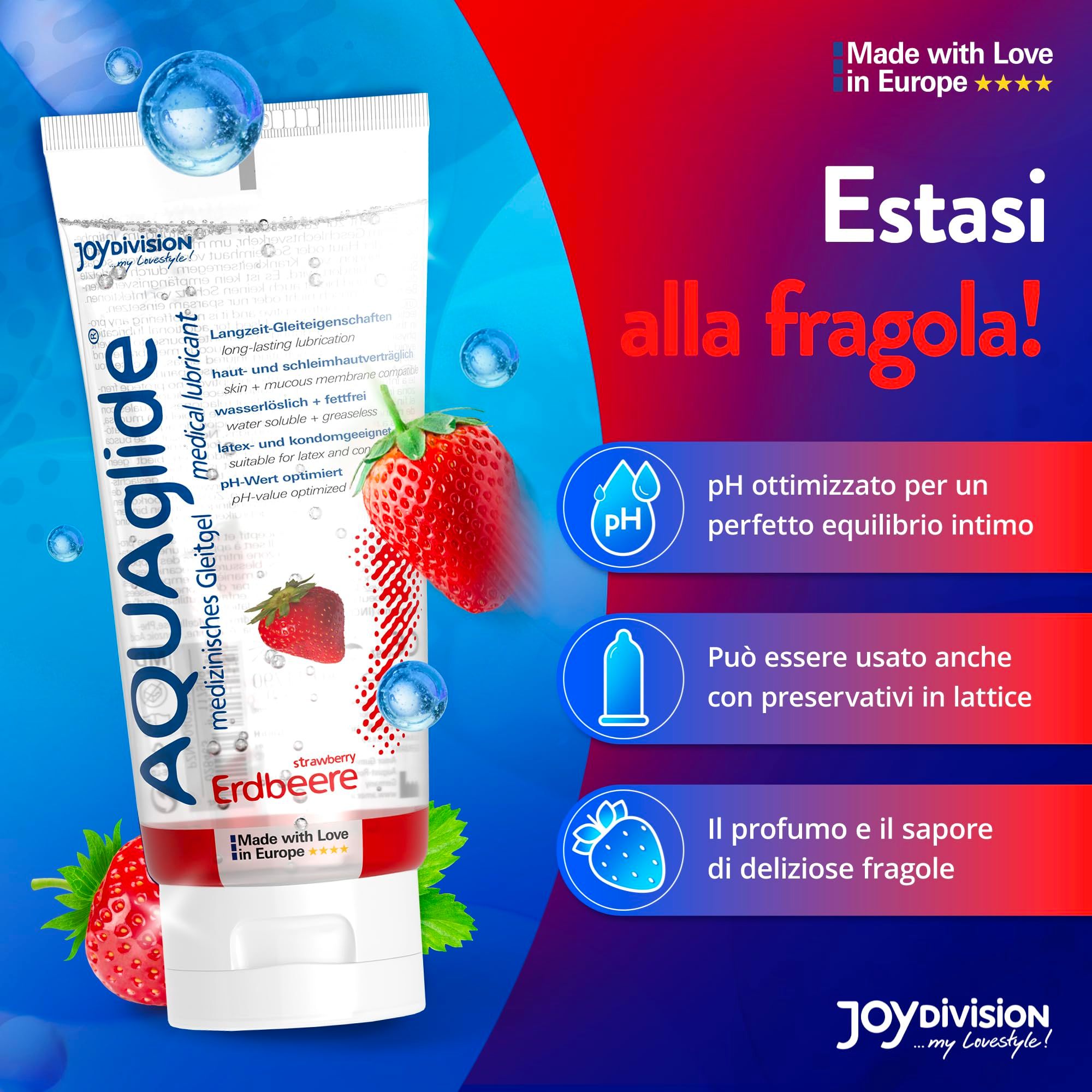 Tubo di gel lubrificante AquaGlade Fragola, con fragole e bolle d'acqua.