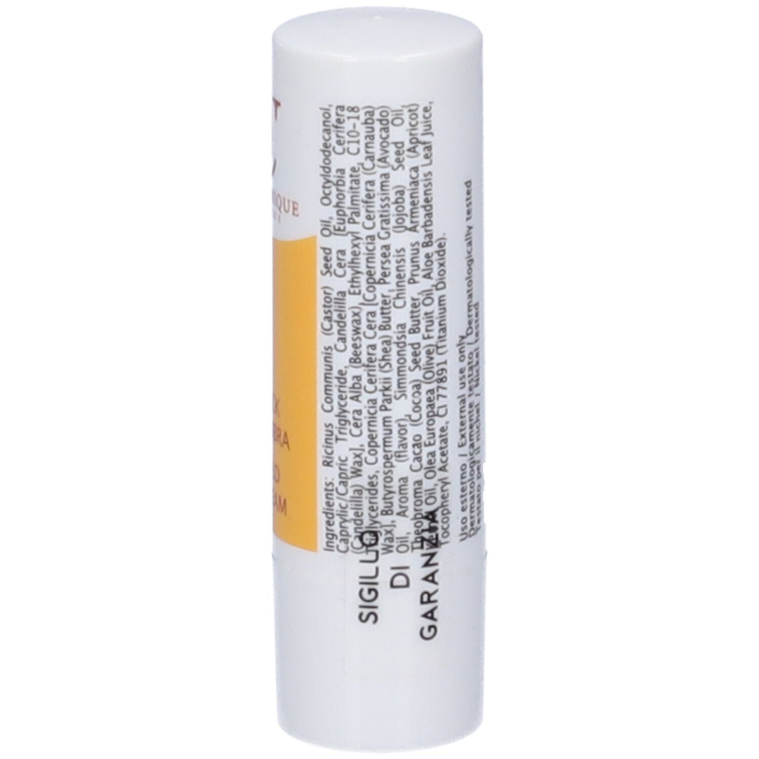 Stick labbra bianco con etichetta gialla. Contiene testo: KARITÉ, STICK LABBRA, COLD CREAM. Logo: Natur Unique Cosmetics. Ingredienti.