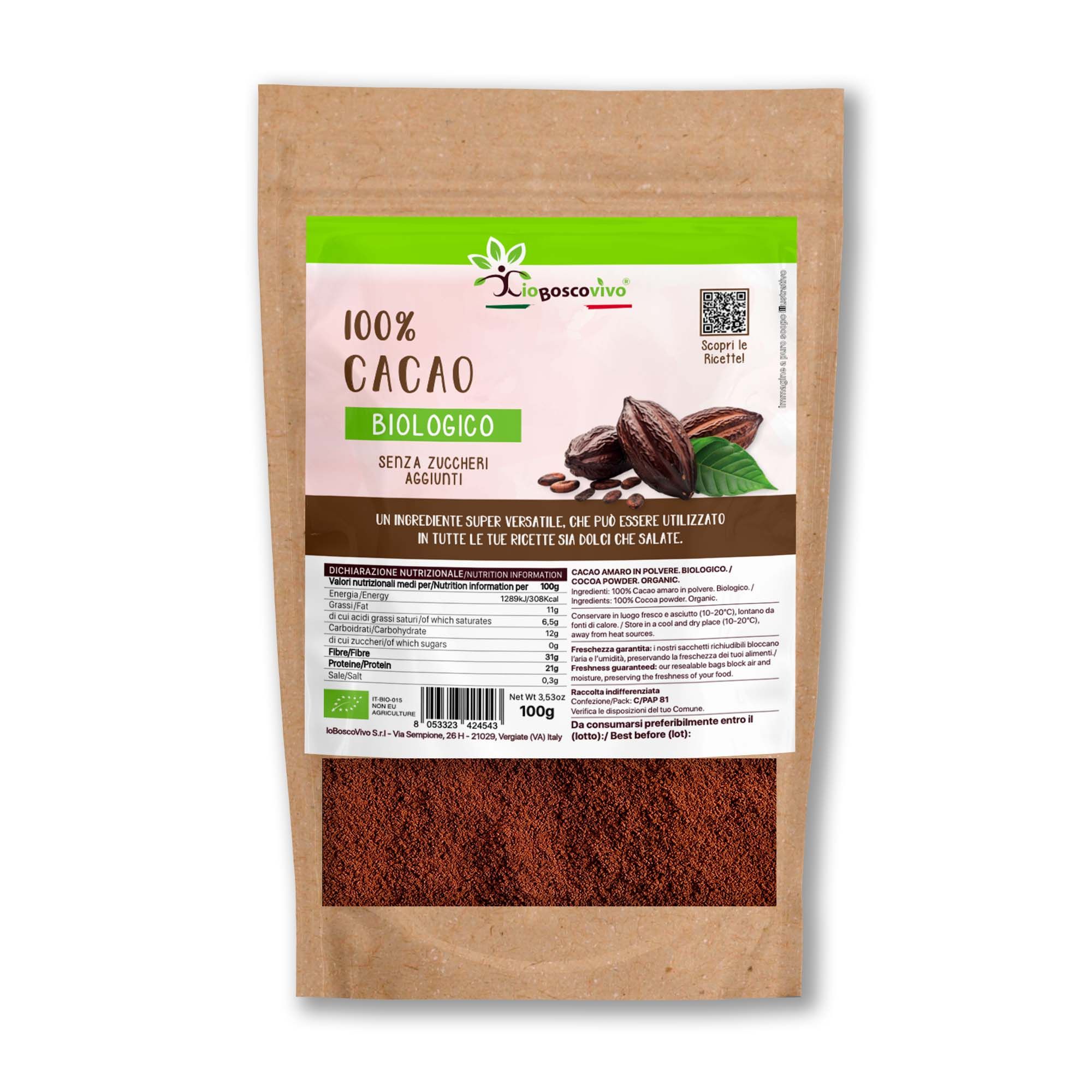 IoBoscoVivo Cacao amaro biologico non alcalinizzato - naturale bio