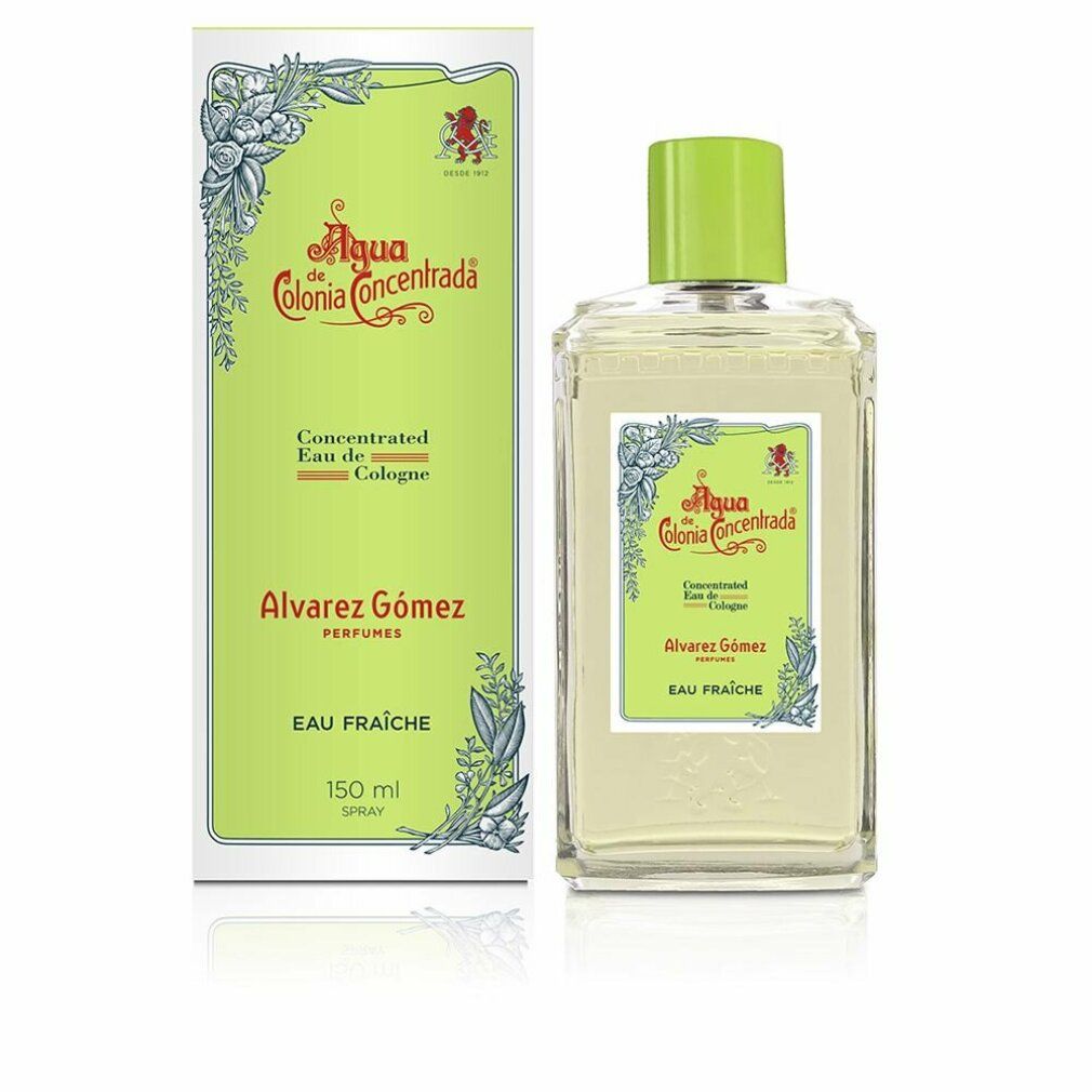 Flacone e scatola di Alvarez Gómez Eau de Cologne. Etichetta verde e bianca, tappo verde. Scritta: Eau Fraîche.