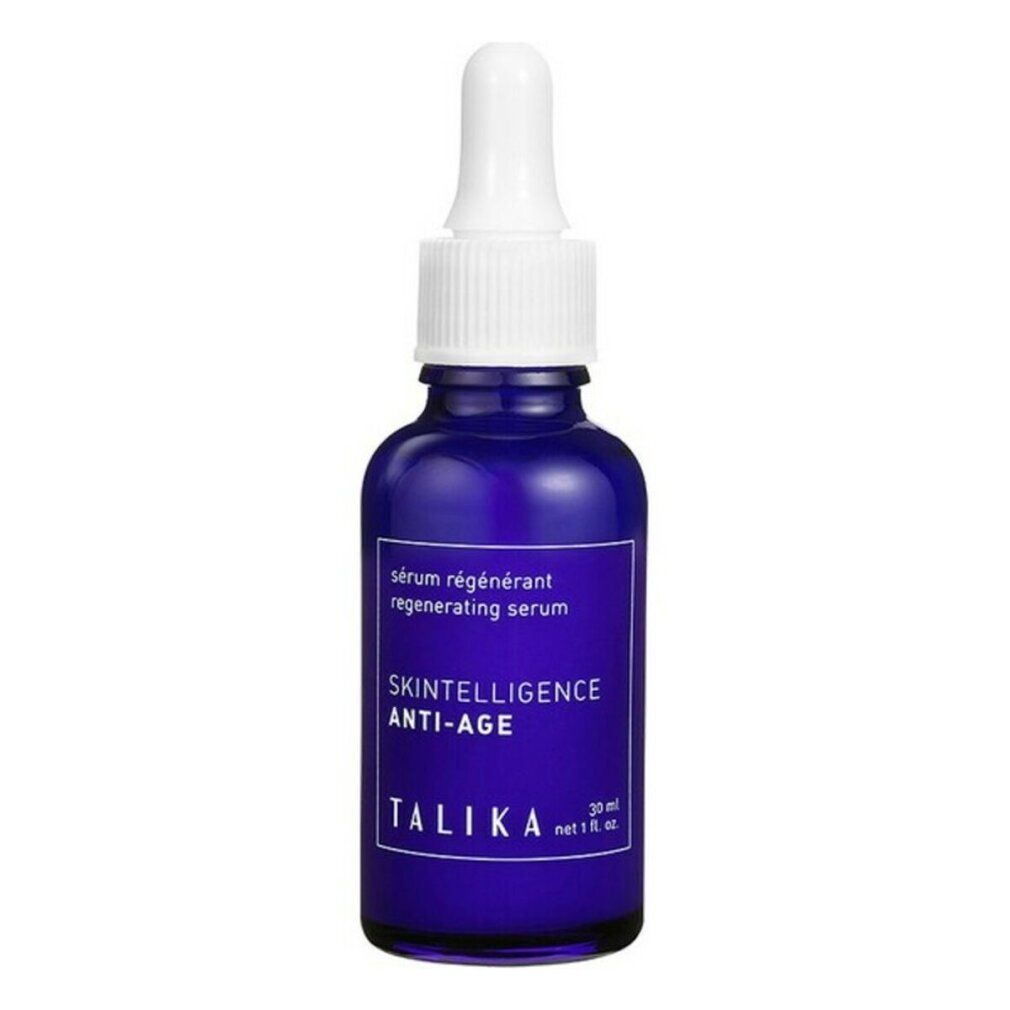 Flacone di vetro blu con contagocce bianco. Scritta: Skintelligence Anti-Age, Talika. Siero rigenerante.