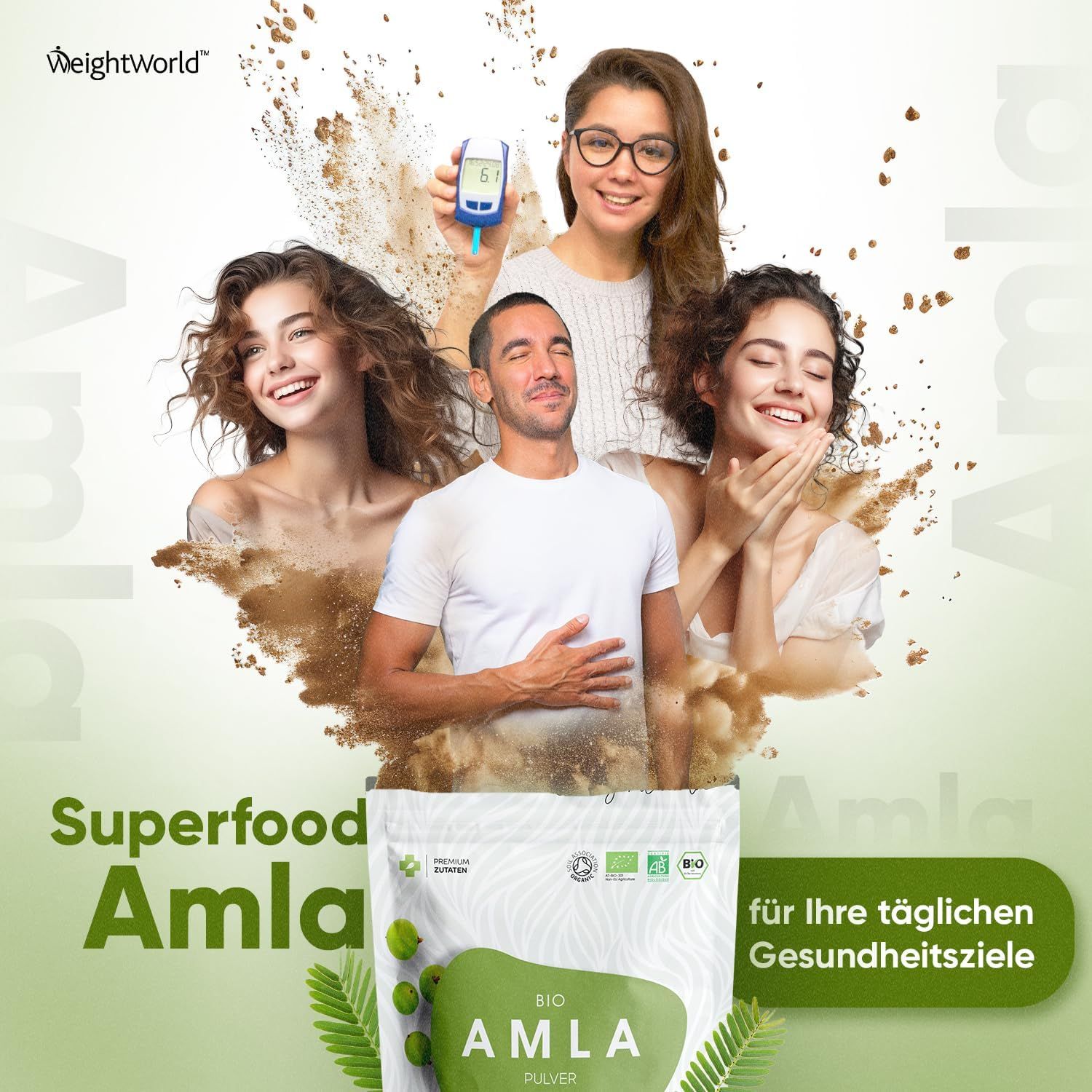 Immagine pubblicitaria con persone e prodotto. Prodotto: BIO Amla Pulver. Le persone tengono un glucometro, sorridono. Testo: Superfood Amla.