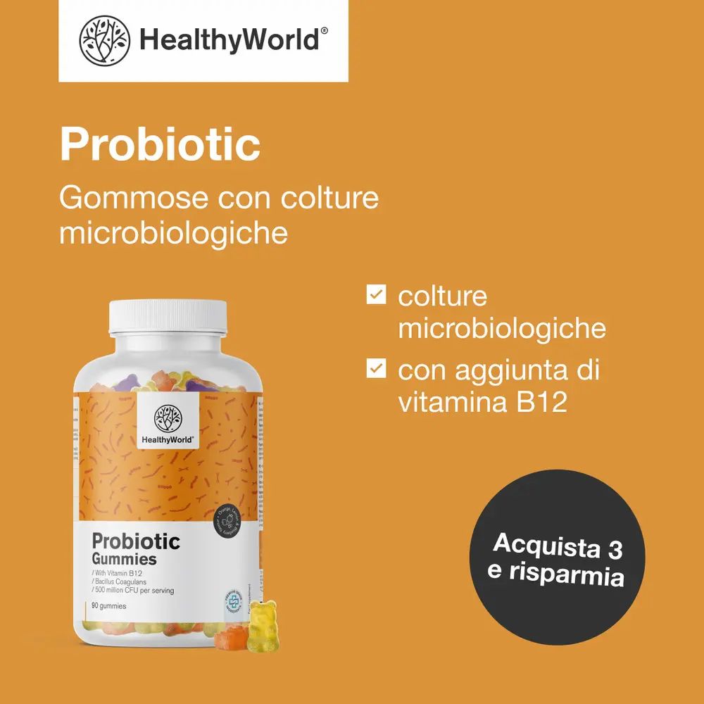 Flacone di Probiotic Gummis, caramelle che cadono. Testo: Probiotic - gommose con colture microbiologiche.