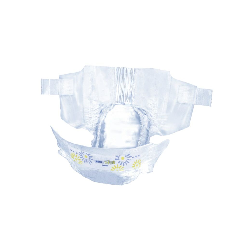 Pannolino Seni Kids Junior aperto. Motivi floreali blu e gialli. Chiusure a strappo laterali. Pieghe interne.
