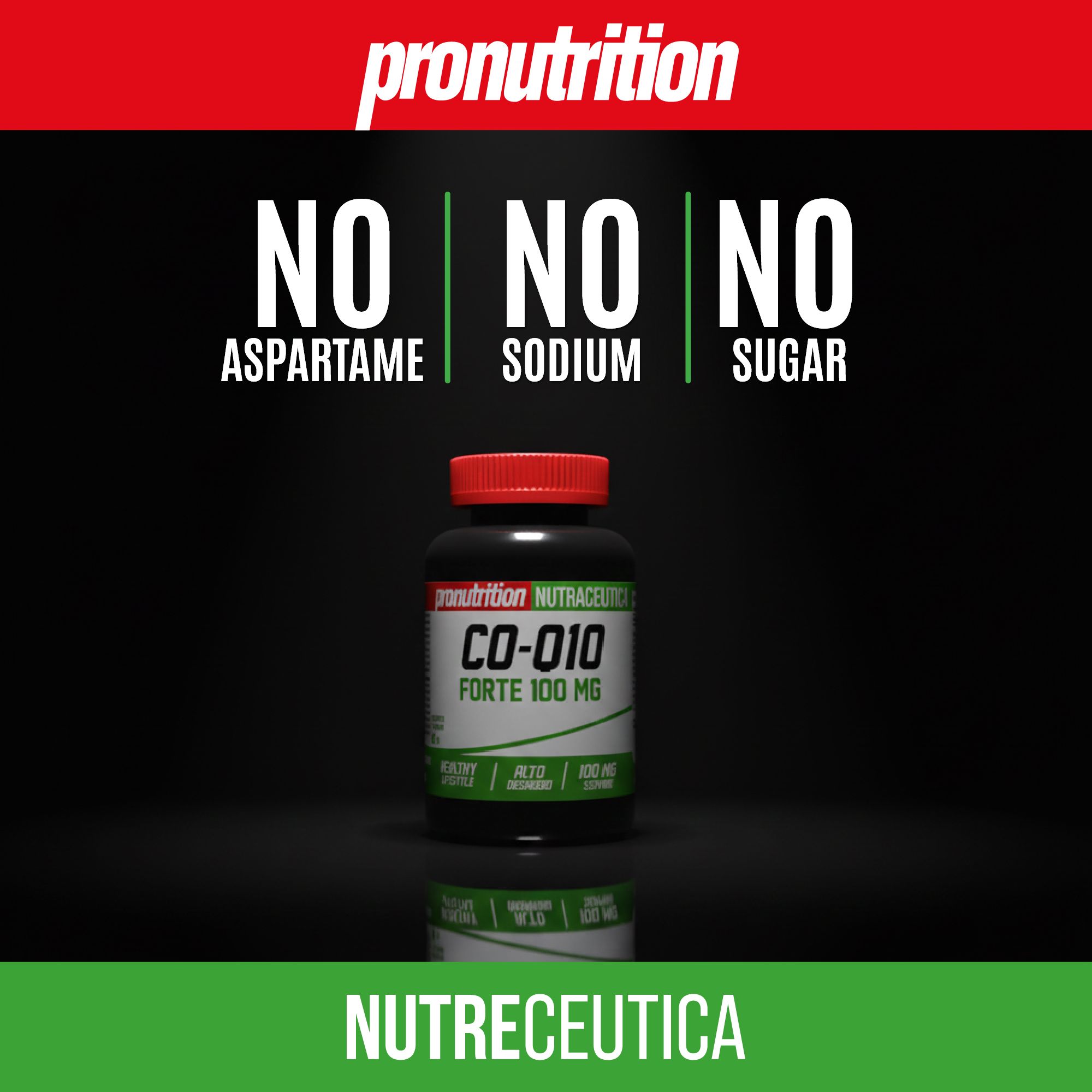 Flacone nero, tappo rosso. Scritta CO-Q10 Forte 100 mg. Testo: NO ASPARTAME, NO SODIUM, NO SUGAR.