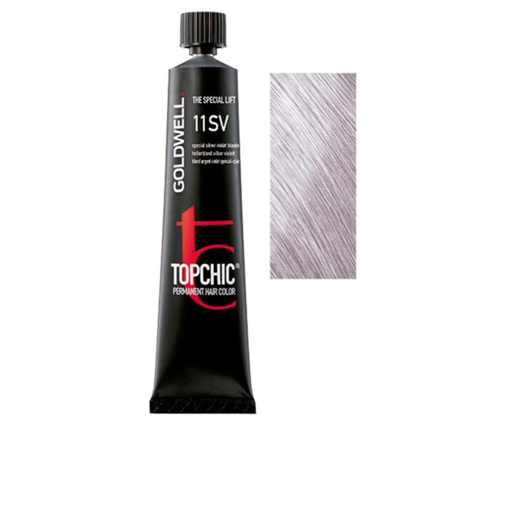 Tubo di colore per capelli Goldwell Topchic 11SV. Tubo nero con nome del prodotto e campione di colore. Argento-viola.