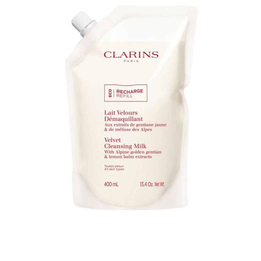 Ricarica struccante. Sacchetto bianco con beccuccio. Testo: Clarins, Recharge, Lait Velours, 400 ml.