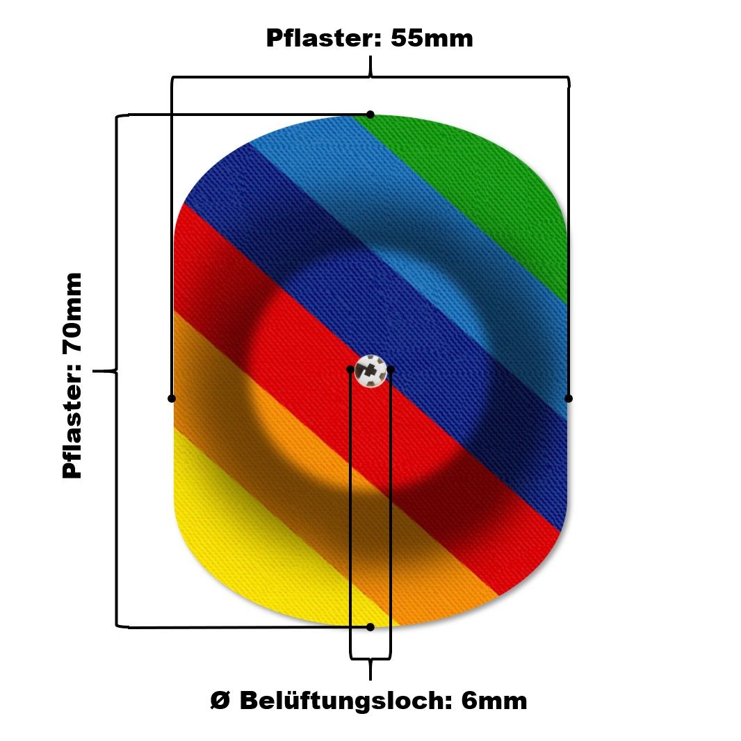 Cerotto di fissaggio arcobaleno con foro di ventilazione. Dimensioni: 70x55mm, foro 6mm.