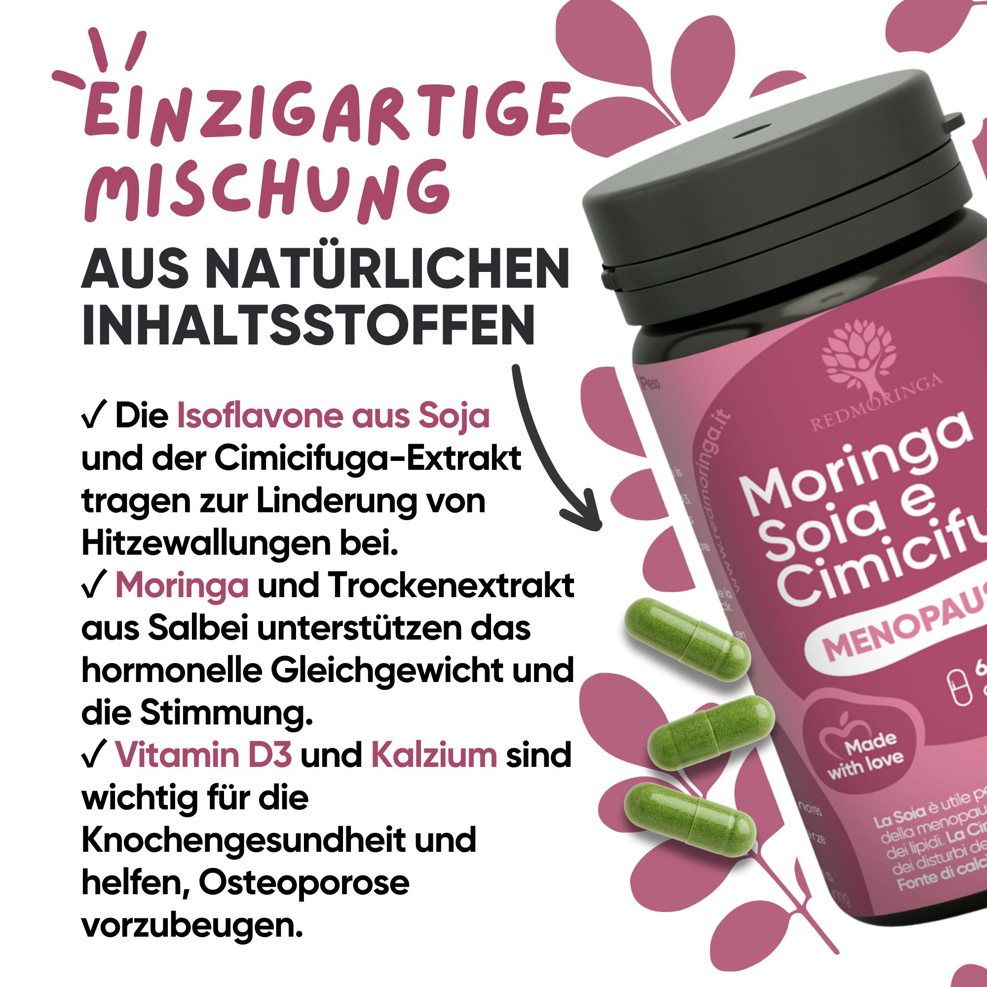 Flacone RedMoringa Moringa Soia e Cimicifuga con testo su ingredienti e benefici.