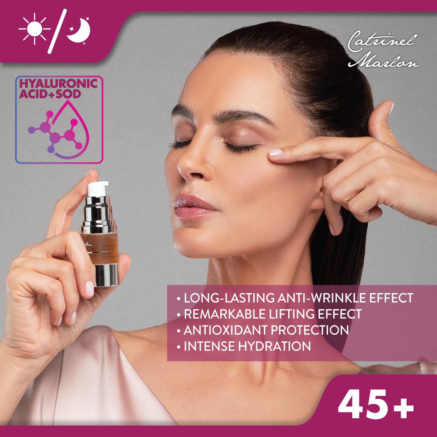Donna indica il suo occhio. Prodotto con scritta: Gerovital H3 Evolution.
