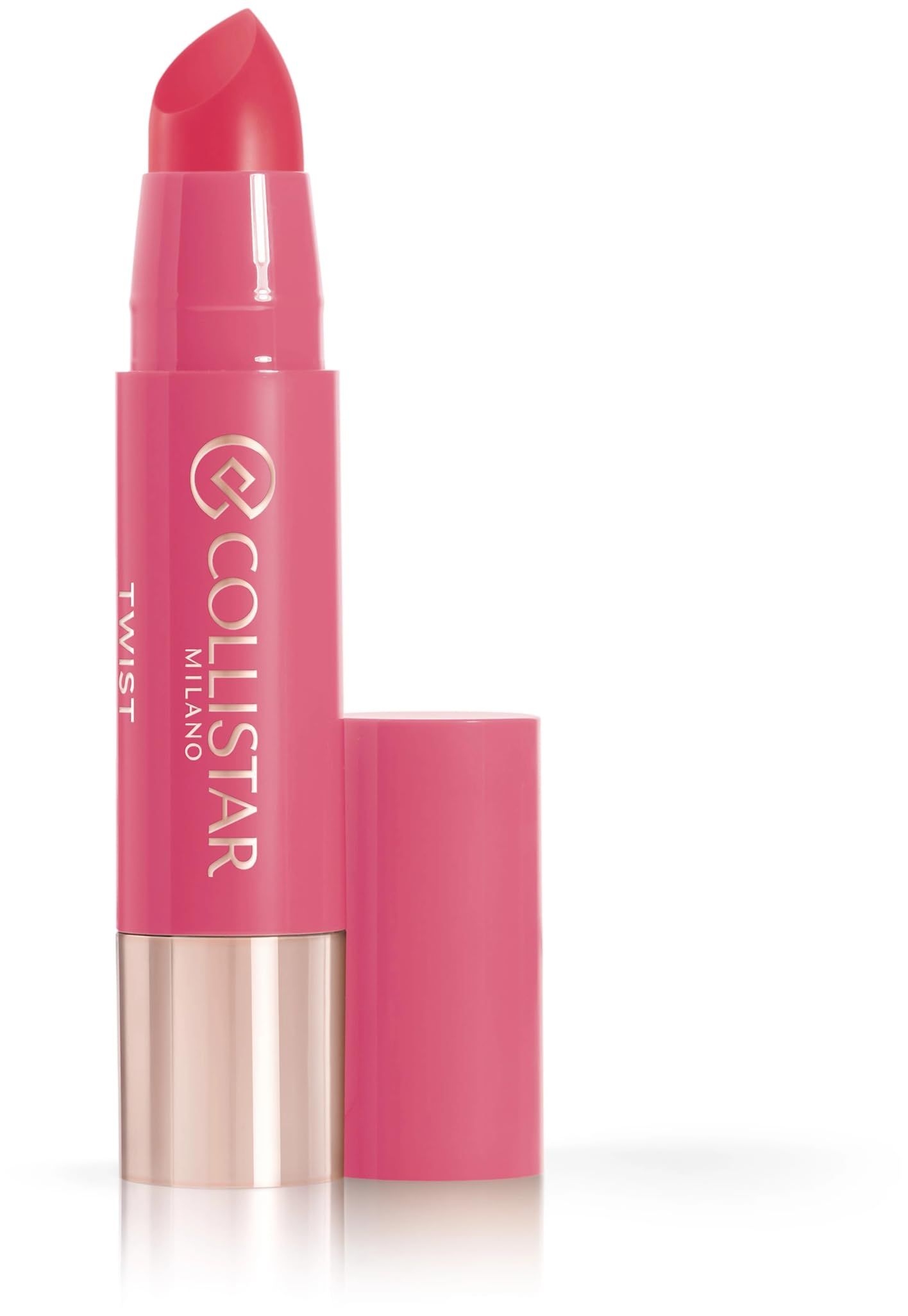 Rossetto con astuccio rosa e cappuccio aperto. Il rossetto è rosa acceso e riporta la scritta "Collistar Twist Milano".