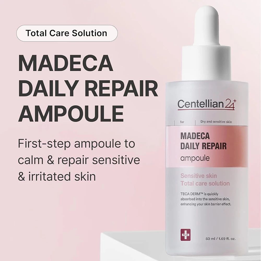 Flacone di siero con pipetta. Scritta: Madeca Daily Repair Ampoule. Marchio: Centellian 24. Per pelli sensibili.