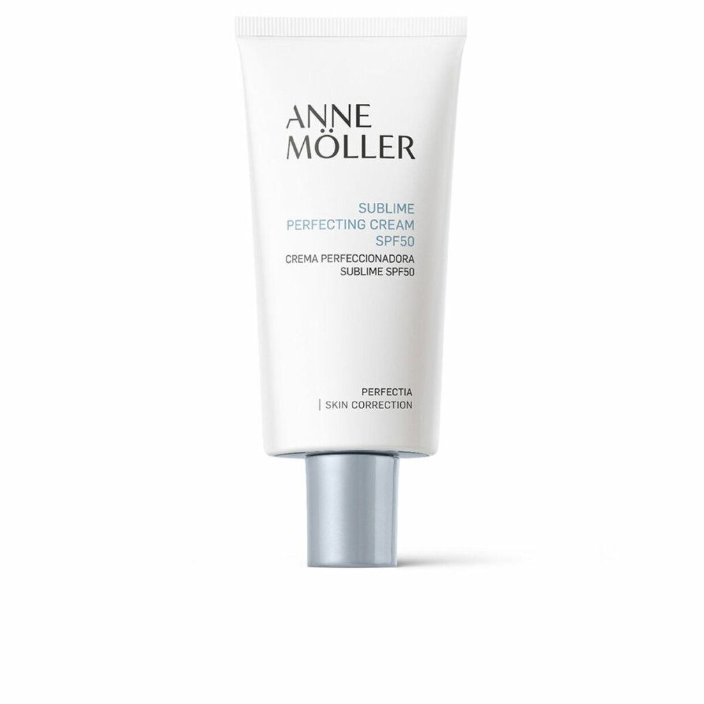 Tubo bianco con tappo argentato. Scritta: Anne Möller, Sublime Perfecting Cream SPF50. Perfectia Skin Correction.