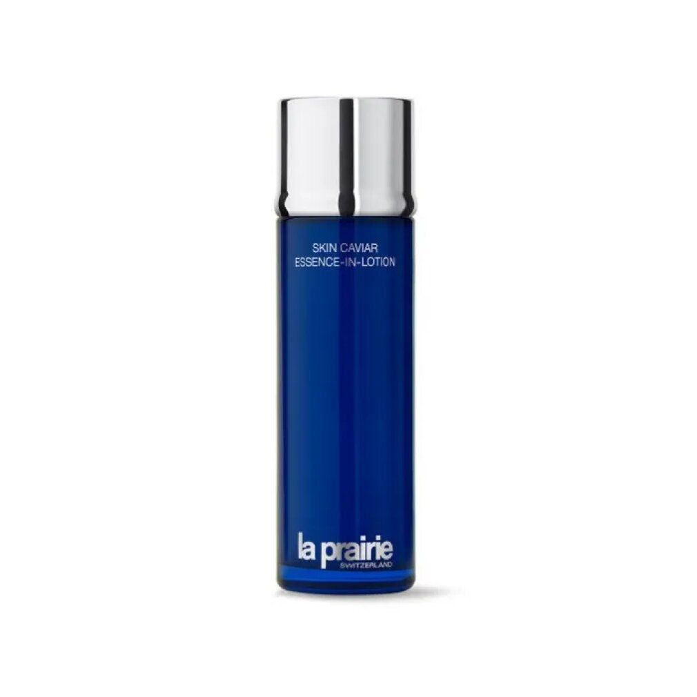 Flacone blu con tappo argentato. Scritta: Skin Caviar Essence-in-Lotion, La Prairie.
