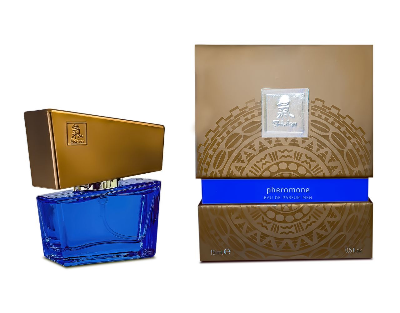 Flacone in vetro blu accanto alla sua scatola regalo marrone e blu.