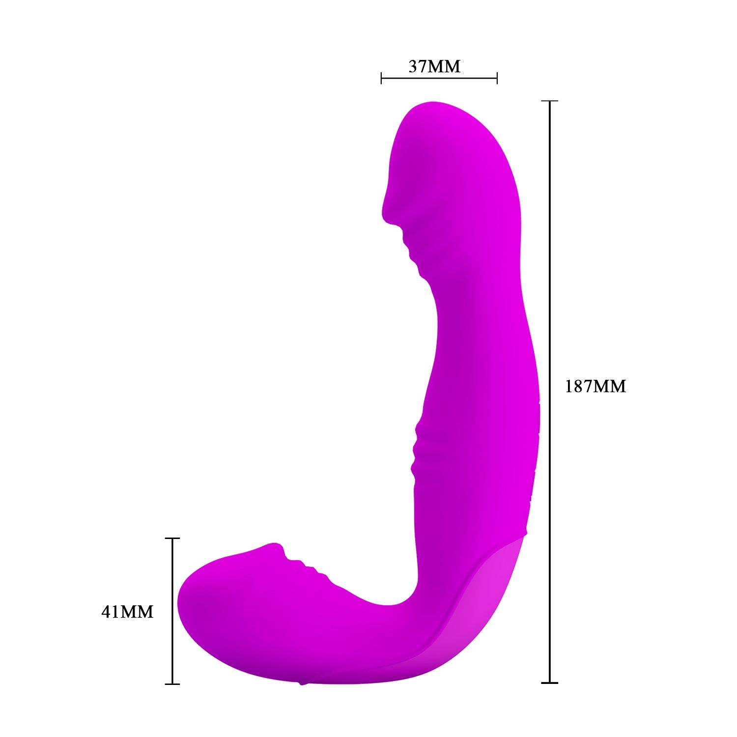 Vibratore viola a forma di J. Dimensioni: 187mm lungo, 41mm largo, 37mm spesso. Etichette.