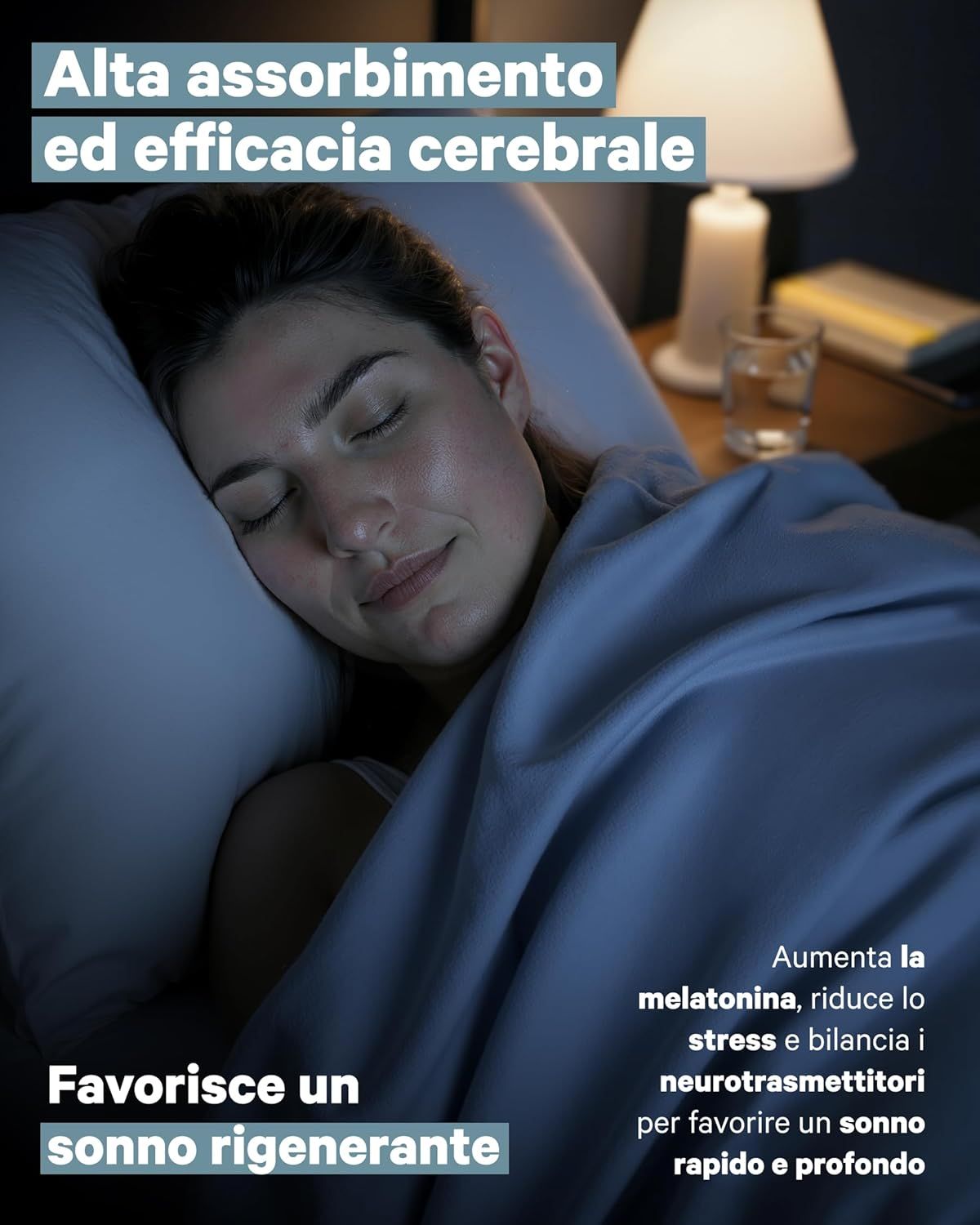 Donna dorme, testo su alto assorbimento ed efficacia cerebrale per un sonno ristoratore.