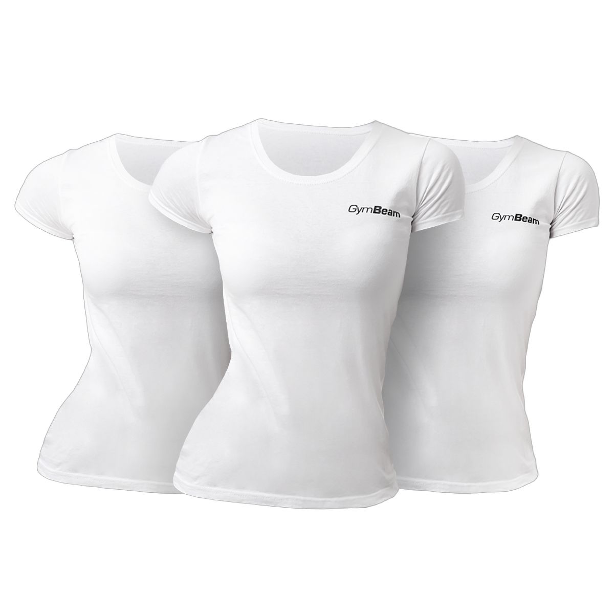 Tre magliette bianche GymBeam da donna con scollo rotondo e maniche corte.