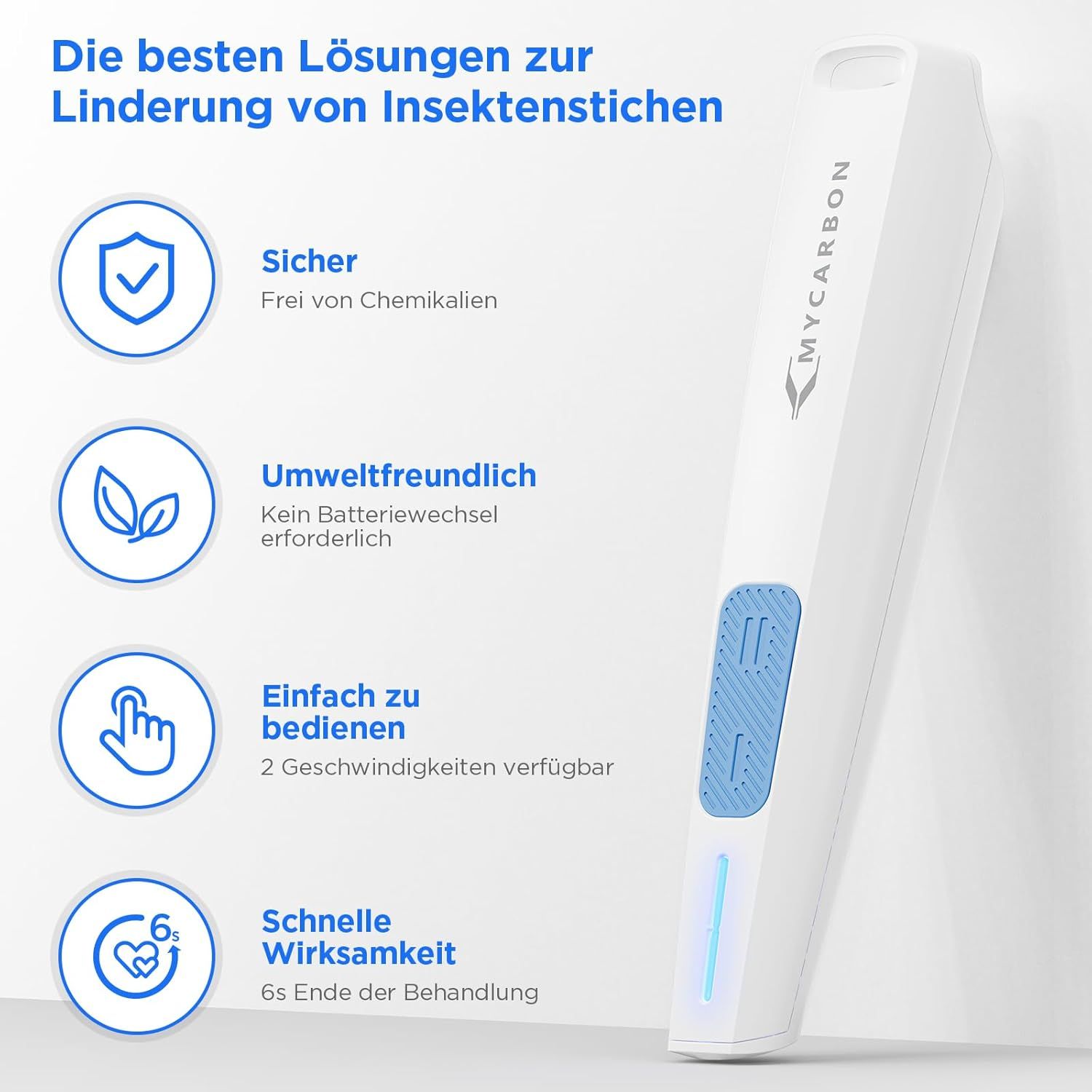 Dispositivo bianco con pulsante blu. Testo: Sicuro, ecologico, facile da usare, rapida efficacia. Logo MYCARBON.